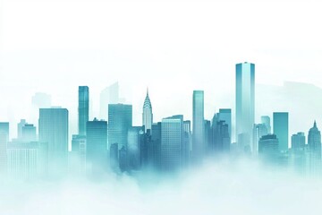 Fototapeta premium Abstract cityscape background with skyscrapers and fog, a blue-green gradient color on a white background. 