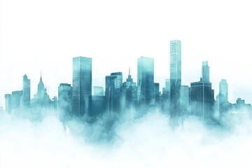 Fototapeta premium Abstract cityscape background with skyscrapers and fog, a blue-green gradient color on a white background. 