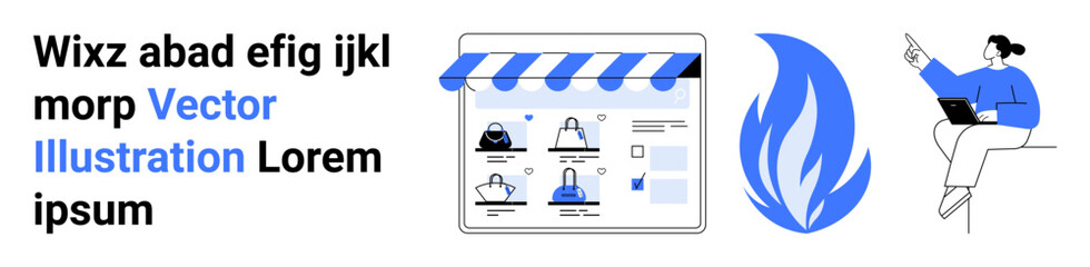 Obraz premium Digital storefront with avatars and icons, blue flame, and woman with laptop highlighting online business and tech themes. Ideal for e-commerce, tech, teamwork, innovation, communication, social
