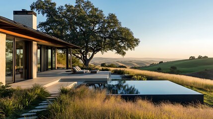 Modern house with infinity pool overlooking scenic valley at sunset.