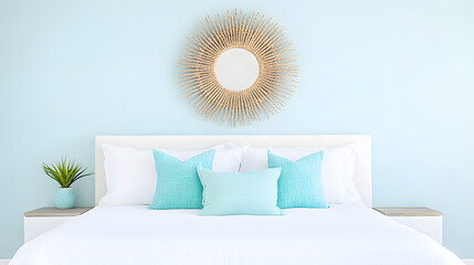 A modern coastal bedroom with light blue walls, white furniture, and a calming seaside ambiance, creating a serene and relaxing atmosphere ideal for coastal living and contemporary interior design ins