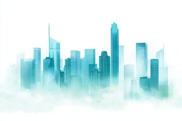 Obraz premium Abstract cityscape background with skyscrapers and fog, a blue-green gradient color on a white background. 