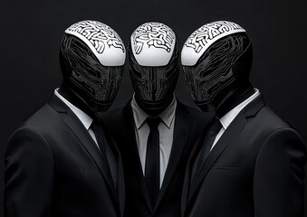 three futuristic humanoid figures in black suits, featuring sleek helmets with intricate white brain-like patterns and circuit-inspired design, set against a dark background - AI Generated Digital Art