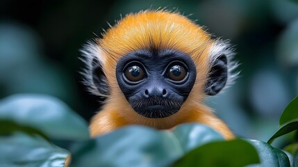 Fototapeta premium A baby monkey with black eyes and a black nose is looking at the camera
