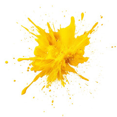 An explosive cloud of bright yellow paint splatters radiating outward, against a stark white...