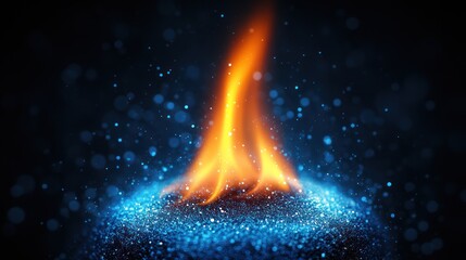 Bright orange flame burning on blue glittering surface, dark background.