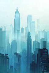 Obraz premium Abstract cityscape background with skyscrapers and fog, a blue-green gradient color on a white background. 