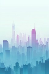 Fototapeta premium Abstract cityscape background with skyscrapers and fog, a blue-green gradient color on a white background. 