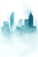 Fototapeta premium Abstract cityscape background with skyscrapers and fog, a blue-green gradient color on a white background. 