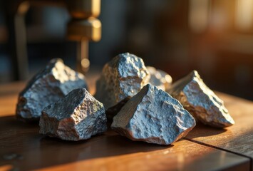 Raw Titanium Metal. Several large chunks of raw titanium metal on a wooden surface.