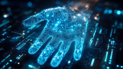 A hand is shown in a blue light with a lot of dots