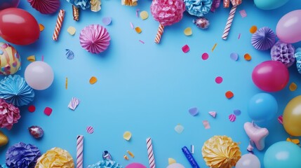 Top view of party decorations featuring colorful balloons, confetti, and festive accessories on a bright background with ample copy space for celebrations, announcements, or event promotions