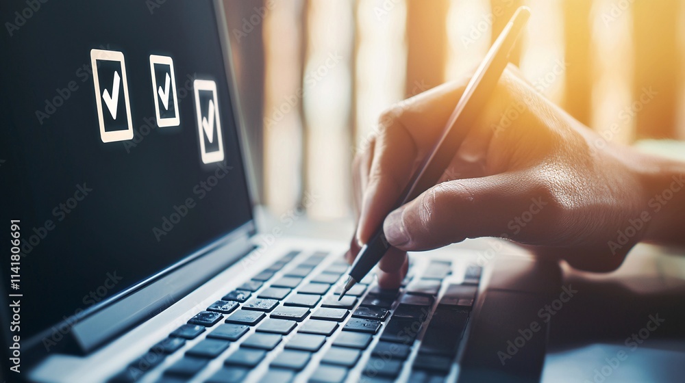 Poster a user filling out a registration form on a laptop, with progress indicators on the screen
