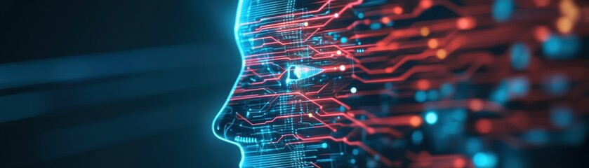 Obraz premium AI Futuristic Tech Human Face Data Stream Circuitry