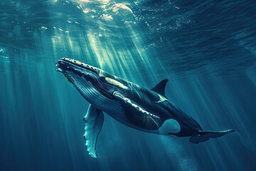 Fototapeta premium Fantastically beautiful majestic huge whale in deep ocean