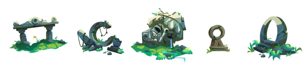 Ancient ruin of old lost civilization buildings and statues. Cartoon vector illustration set of stone temple with green liana vines and grass in jungle. Destroyed abandoned architecture and monument.