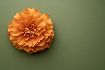 Intricately Layered Orange Marigold Flower Against Olive Green Background