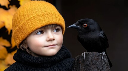 Child and Bird: A curious child wearing a mustard yellow beanie gazes intently at a perched black bird, creating a moment of quiet connection between nature and youth.