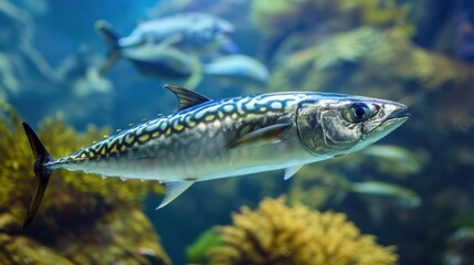 Fototapeta premium A sleek mackerel swims gracefully through a vibrant aquarium filled with colorful corals and plants in the background.