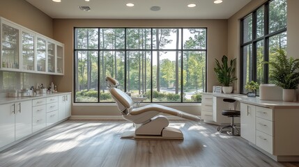 Obraz premium Modern spa treatment room with large windows overlooking a wooded area. 