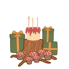 Rustic birthday cake on a tree stump surrounded by presents and cupcakes. Nature-inspired celebration with mushrooms, gifts, and candles. Whimsical vector art featuring a woodland-themed party setup