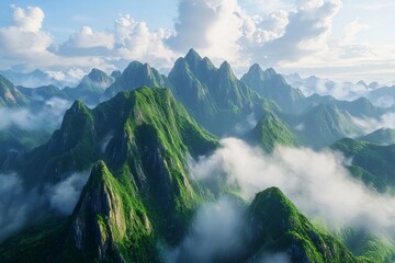 Fototapeta premium Aerial view of a mountain range surrounded by clouds and mist, towering into the sky. The green peaks stand tall in the sunlight under blue skies