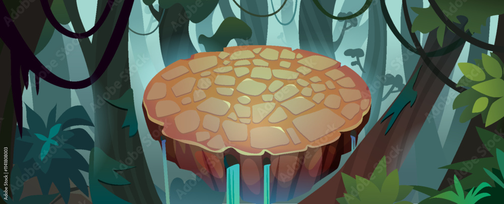Poster jungle forest with floating game arena land ui background. stone round circle battle platform for fi