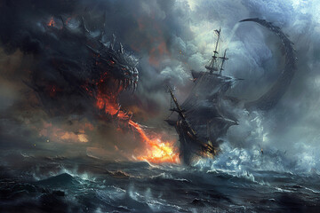 Terrifying scary sea monster in dark depths of deep ocean