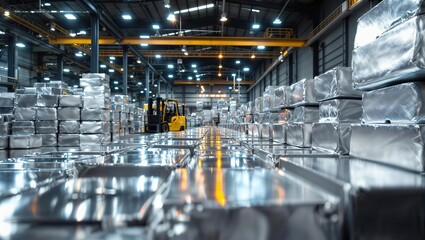 Fototapeta premium Aluminum Storage Warehouse. Modern industrial warehouse interior with stacked aluminum ingots and forklift, featuring reflective floor and overhead lighting.