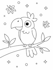 Parrot sitting on tree branch in white background coloring pages 