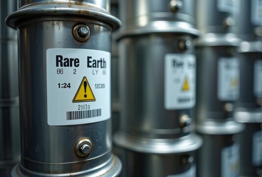 Rare Earth Storage Container. Industrial metal containers labeled with rare earth warning symbols and identification codes in laboratory or processing facility.