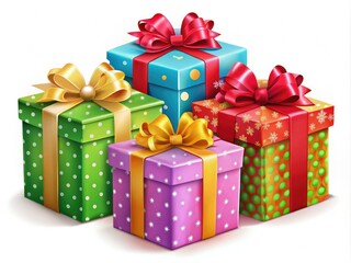 Fototapeta premium Vibrant Christmas gift box vector set featuring ribbons, perfect for the holiday season. Realistic presents ideal for festive celebrations, all set against a white background.
