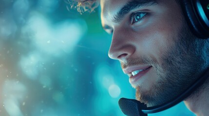 A diverse team of customer support representatives wearing headsets, smiling and engaged in conversations with customers, showcasing a modern call center environment.
