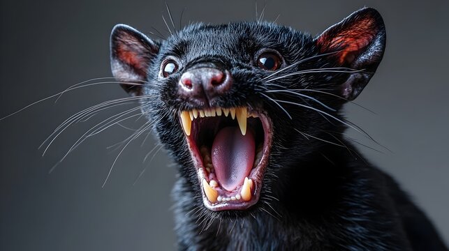 A black cat with its mouth open and teeth showing