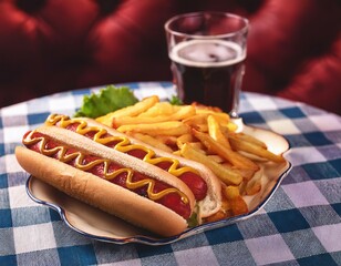 Hot dog, French fries, and drink on a vintage tablecloth in a retro restaurant, vibrant colors, vintage style, close-up, ultrafine detail, high-quality food photography, nostalgic.