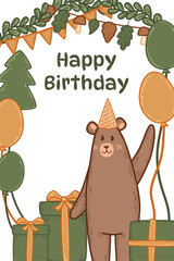 Vector illustration of a happy bear in a party hat with gifts and balloons. Festive postcard design features orange and green forest accents. Poster for surprise birthday celebrations