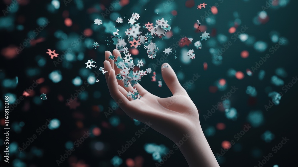 Aufkleber a human hand reaching towards a complex network of gears and cogs, attempting to understand and cont