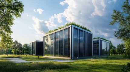 Fototapeta premium High-tech sustainable data center construction urban area architectural design green environment aesthetic perspective
