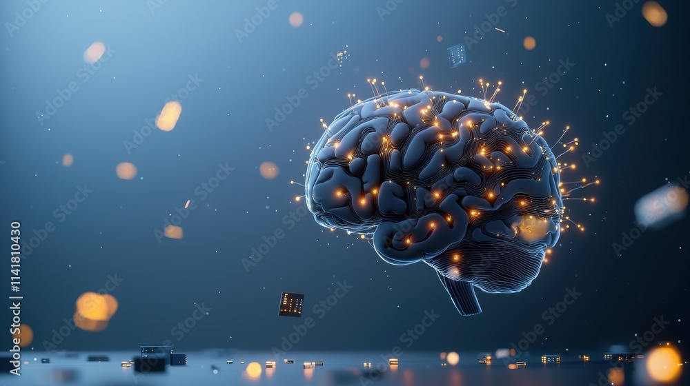 Poster a human brain rendered in intricate detail with glowing circuits and data streams flowing through it