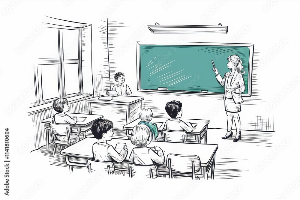 Poster teacher instructing students in a classroom setting