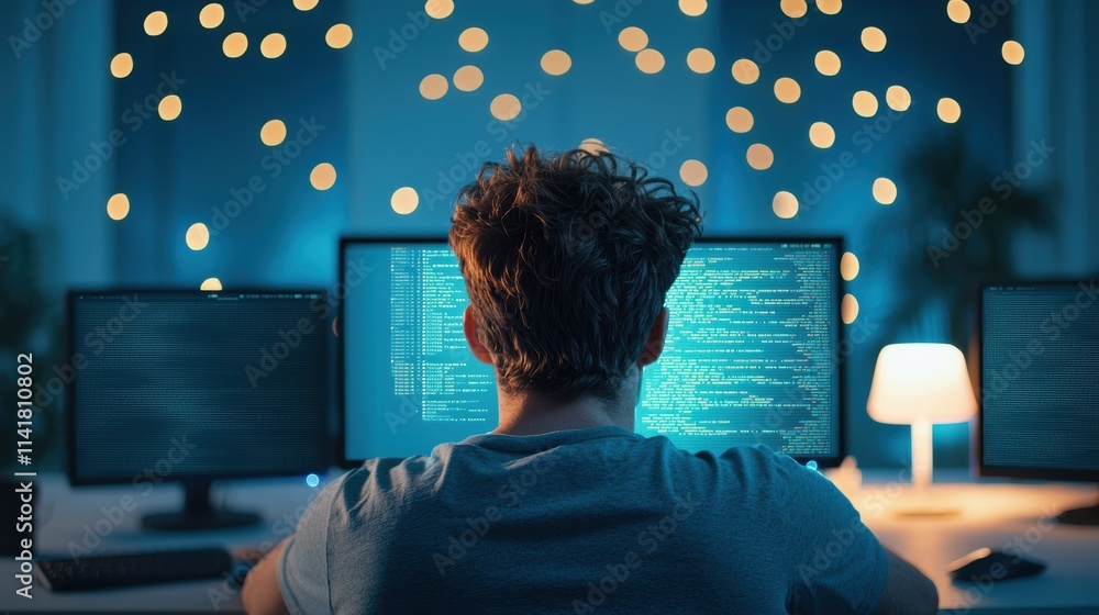 Poster a programmer works late into the night, their desk illuminated by the glow of multiple computer moni