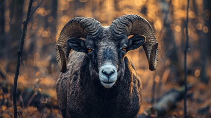 A close-up of a majestic ram with large curled horns, set against a warm, softly lit forest background