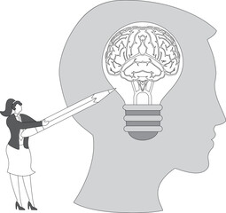 businesswoman draws a glowing light bulb inside the brain, creativity and ideas, business creativity and inspiration
