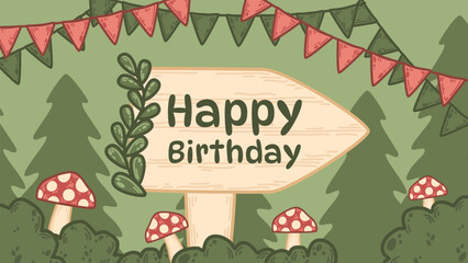 Vector banner with a green arrow pointing to a birthday party in the forest. Red mushrooms and colorful flags add a festive touch. Nature-themed design perfect for outdoor celebrations