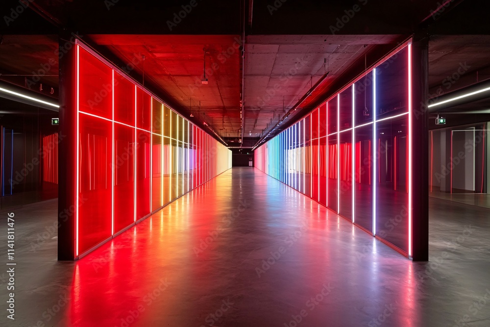 Poster register + process + record, dynamic representation of database organization, neon lights and dark s