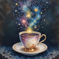 Watercolor A teacup spilling stars and galaxies