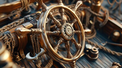Obraz premium Close-up of an antique wooden ship's wheel with nautical ropes and details.