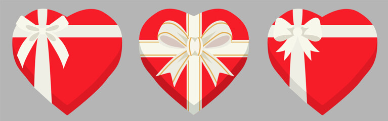 Set holiday gift heart shaped boxes of red colors with white ribbons and bows. Vector illustration isolated on grey background