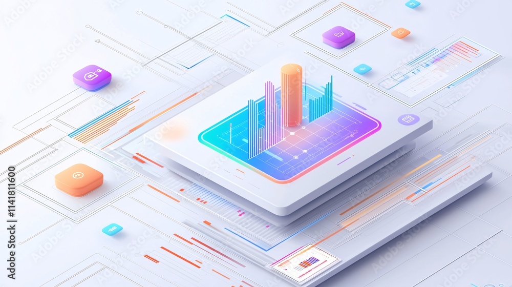 Poster register + process + profile, user-centered layout with analytics and personalized data, bold color 
