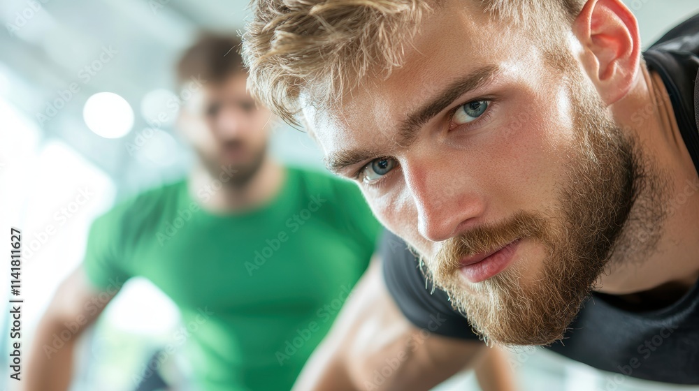 Poster a personal trainer guiding a client through a series of exercises, providing encouragement and ensur